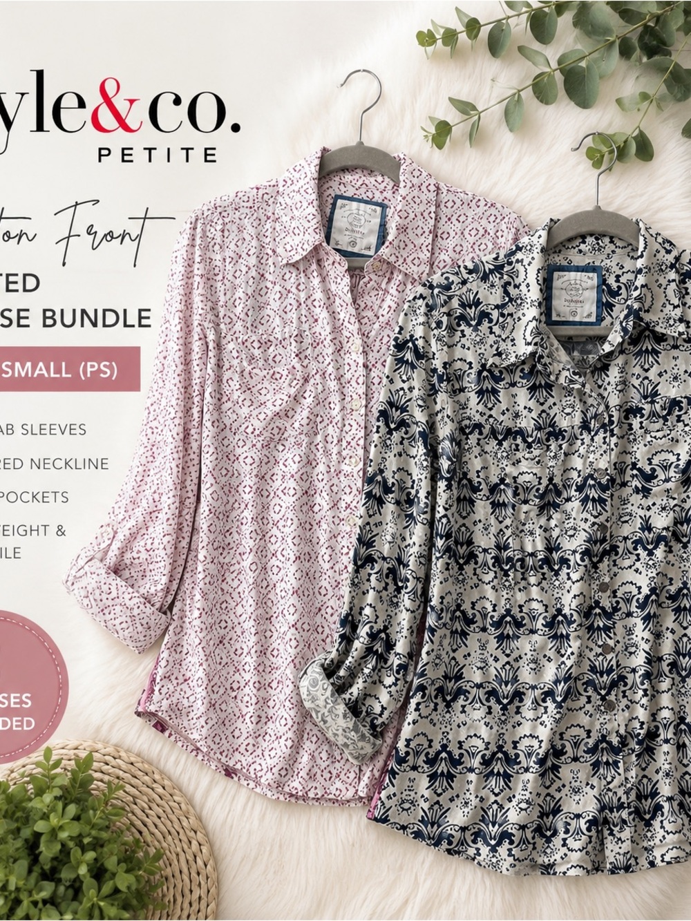 2- pack Style & Co Women’s Roll Tab Long-Sleeve Button-Up Blouse 2-pack